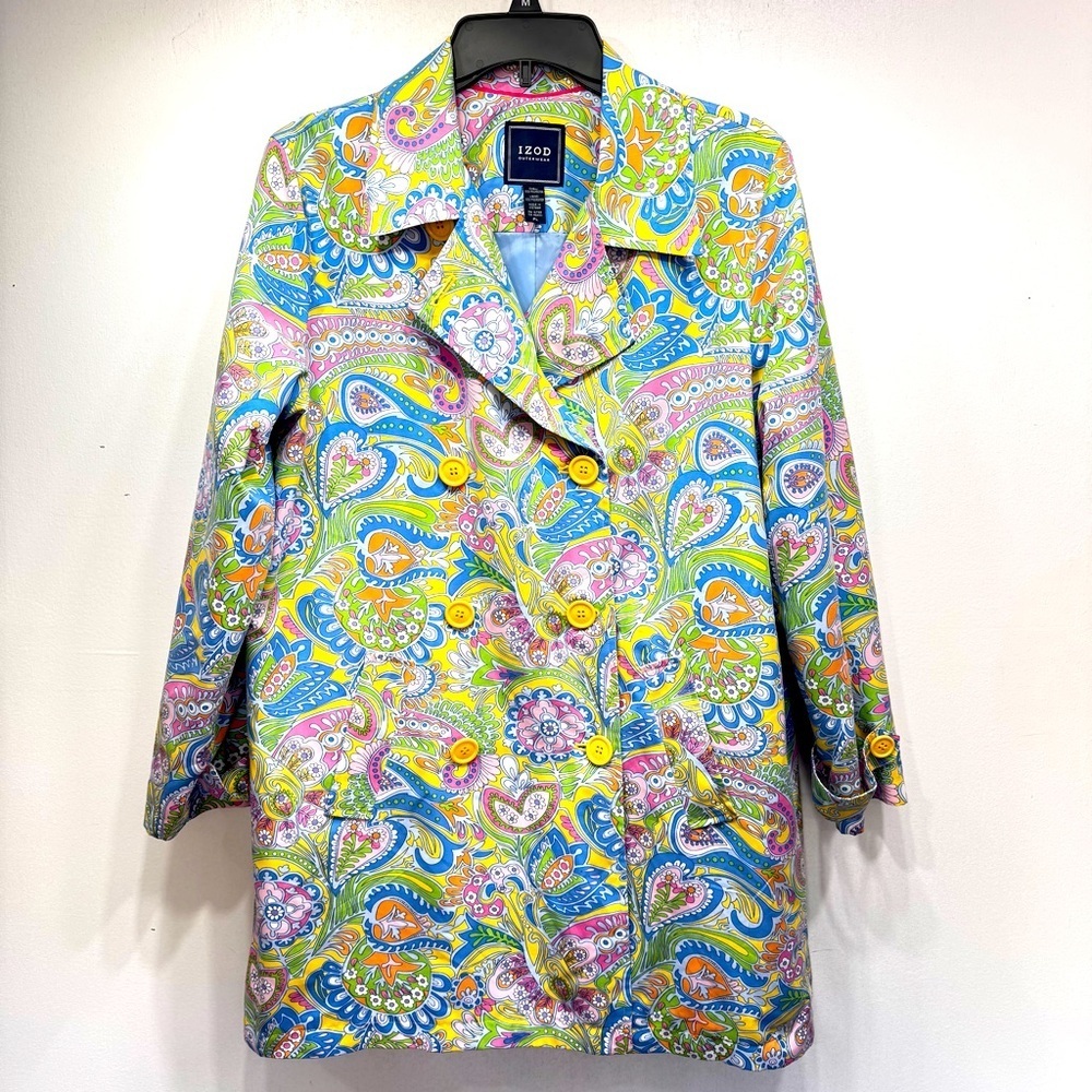 Izod Pastel Paisley Double Breasted Trench Coat Flower Power Retro Hippie Boho